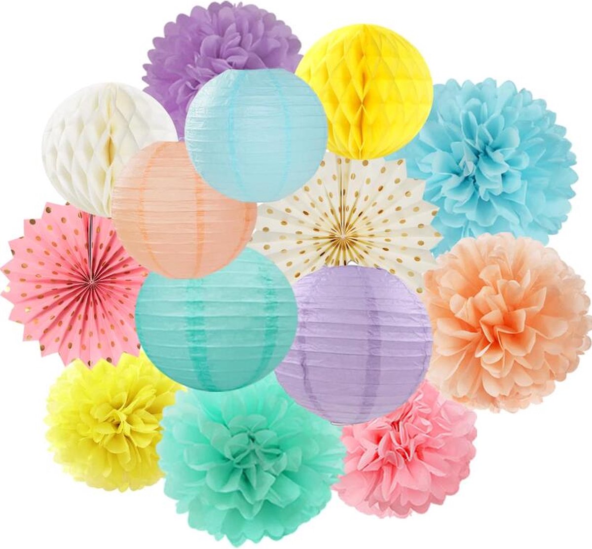 Joya Party® Pompom en Lampionnen Feest Versiering Pastel Kleuren | Decoratie | Verjaardag, Jubileum & Bruiloft | Pastel Kleur | Mint Groen | Zacht Roze | Lila